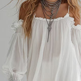 Mélusine | Rövid, folyékony, bohémtípusú ruha, vállkivágással
